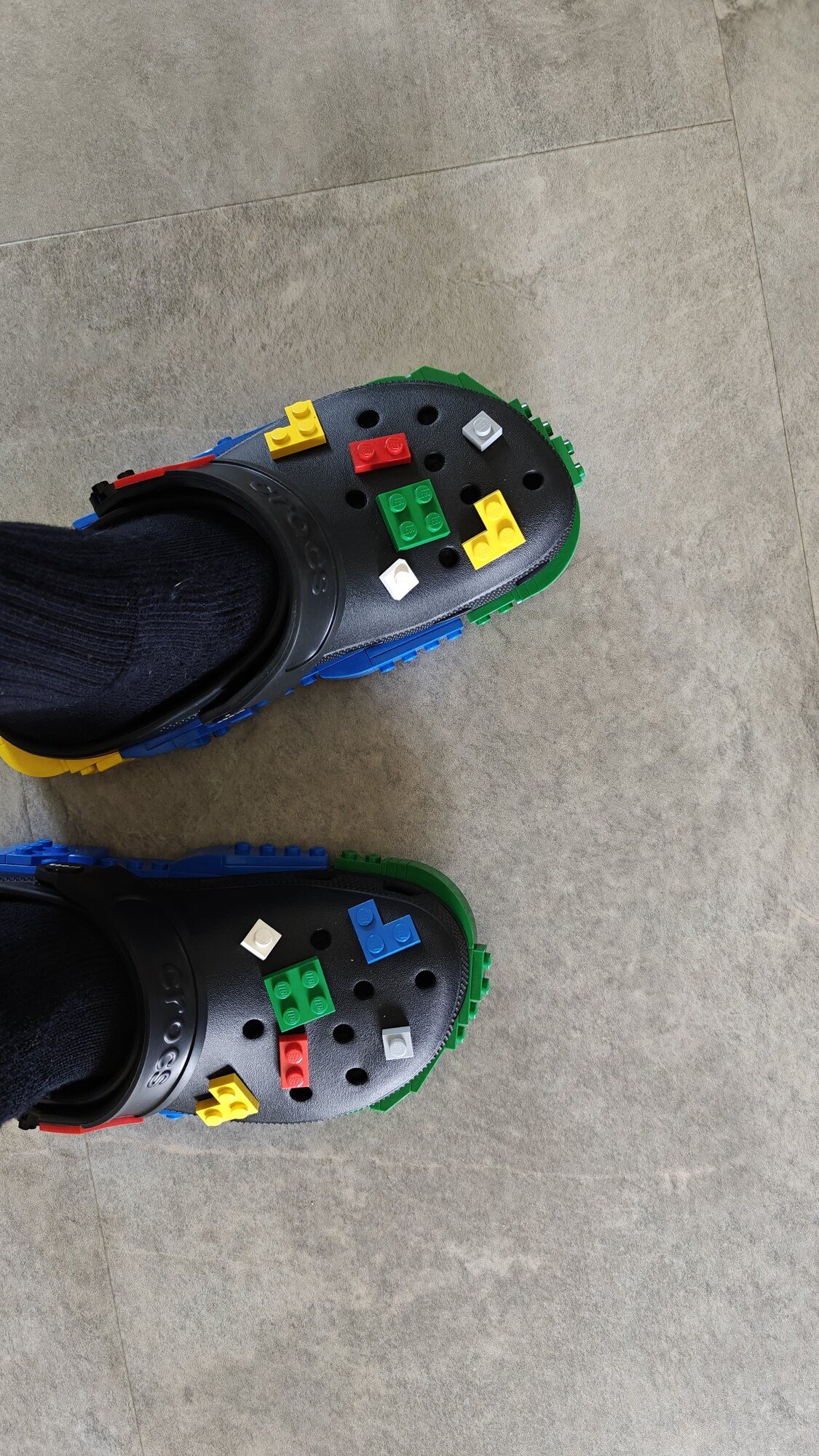 Top view of the two Crocs on my feet