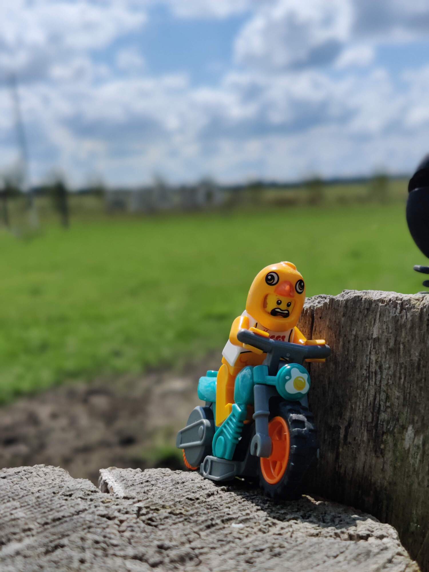 Minifig auf einem Motorrad steckt auf einem Pfahl in der Wiese fest
