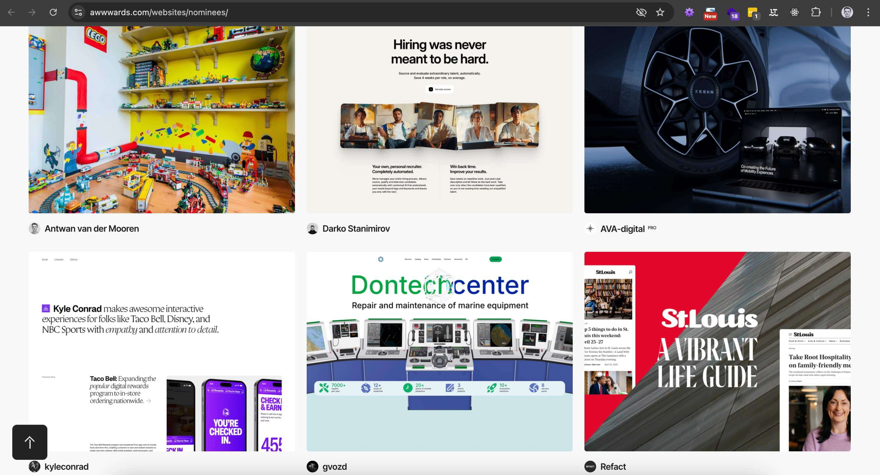 A screenshot of the Awwwards overview page with nominated websites